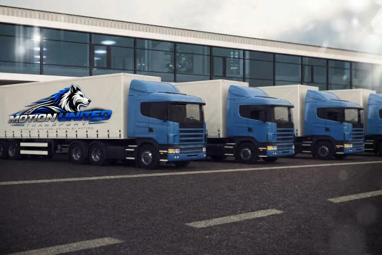Motion United Transport branded trucks lined up